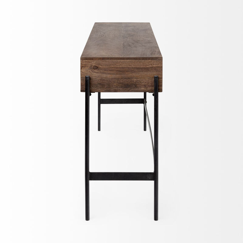 HomeRoots 56" Brown and Black Solid Wood and Metal Distressed Console Table With Four Drawers image number 2