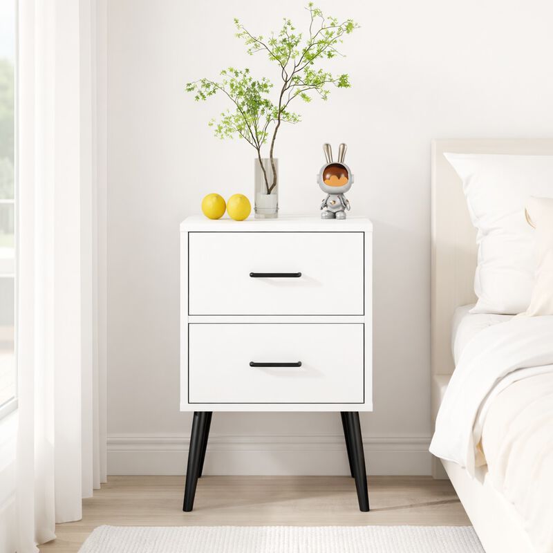 Assembled 2-Drawer Nightstand White Metal Legs Handles image number 1