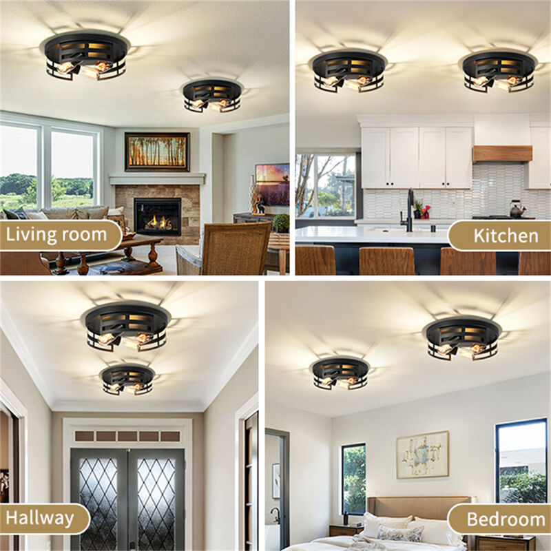 13 in. 3-Light Black Flush Mount Ceiling Lamp (Set of 2) image number 4