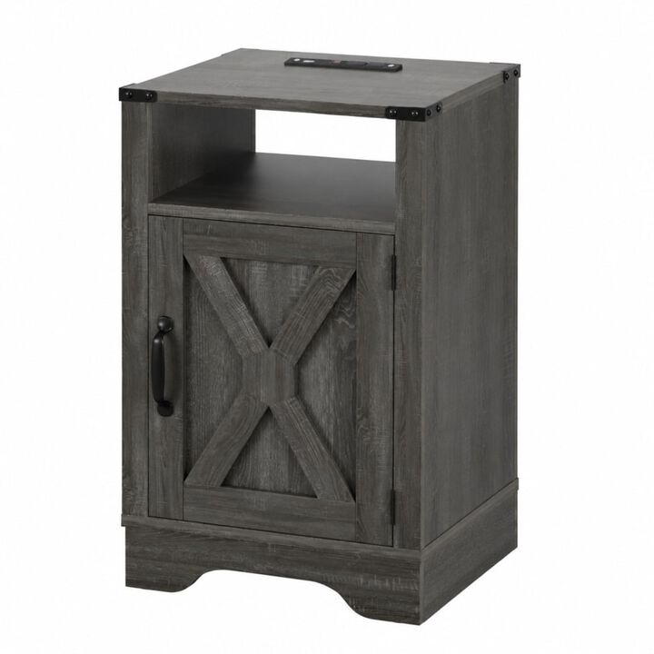 GOODSILO Farmhouse Nightstand with Charging Station, Storage Cabinet and Open Shelf, Compact Side Table for Bedroom Living Room