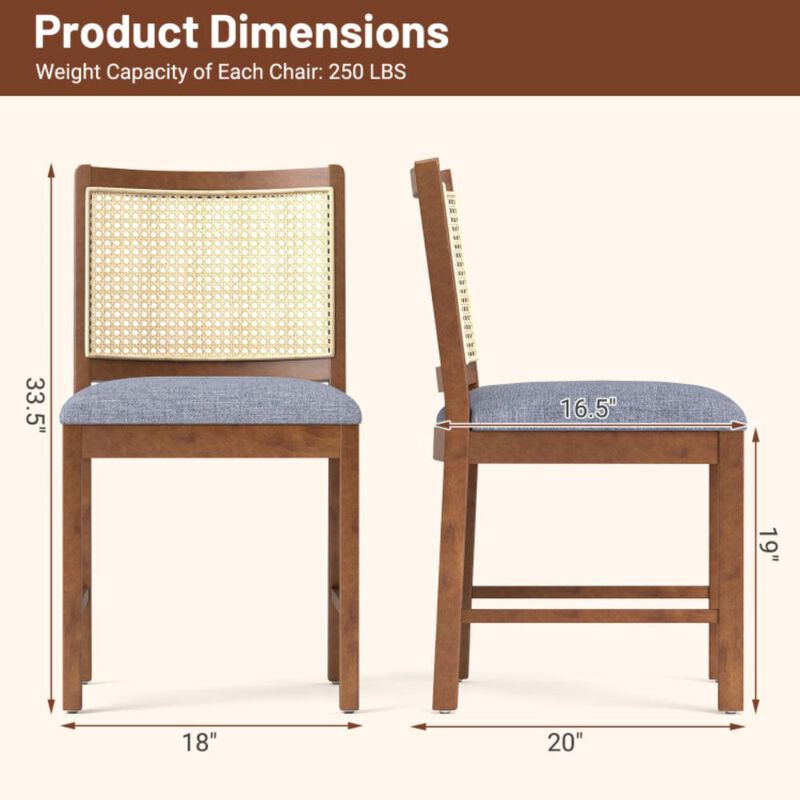Hivvago Rattan Dining Chair Set of 2 with Rubber Wood Frame and Linen Fabric Padded Seat