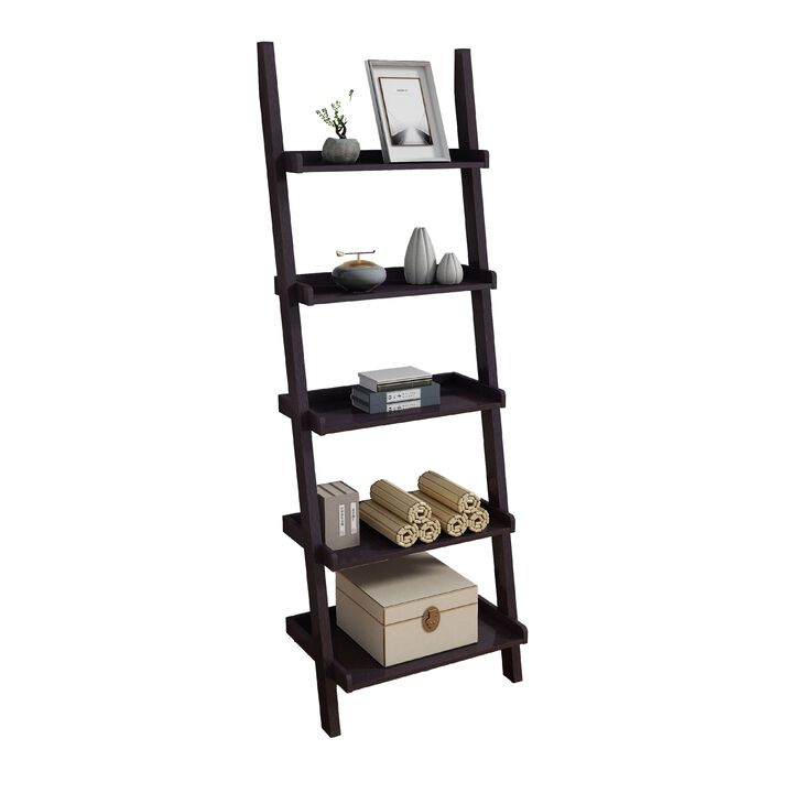 Accent Ladder Bookcase with 5 Shelves, 72 Inch, Red Cocoa Brown - Benzara