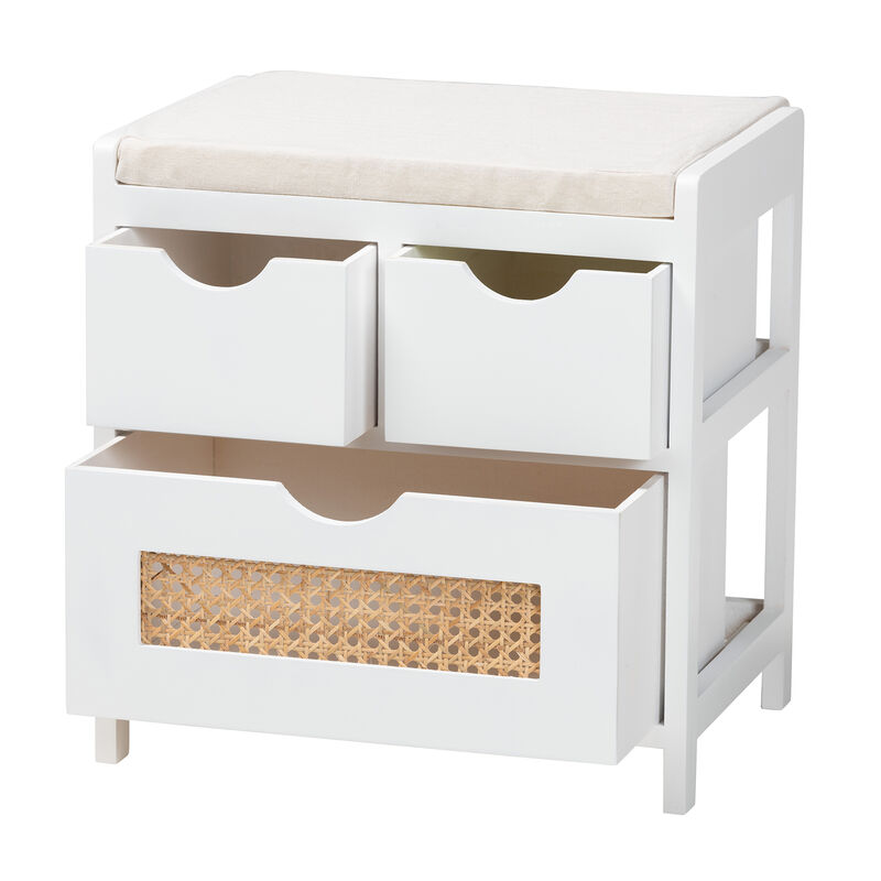 Baxton Studio Bastian Modern and Contemporary Light Beige Fabric and White Finished Wood 3-Drawer Storage Bench with Natural Rattan