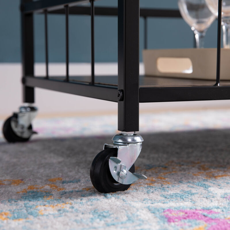 Walnut Oak & Black Metal Bottle Rack Kitchen Cart with 3 Shelves and Locking Sturdy Rubber Wheels