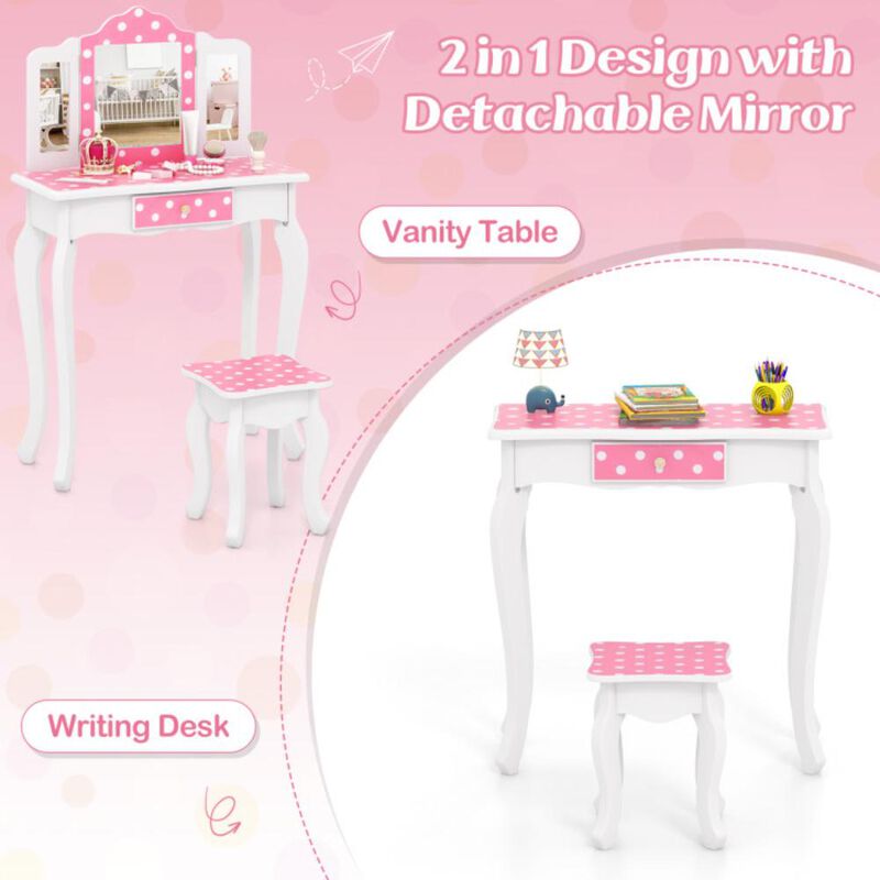 Hivvago Princess Pretend Play Makeup Dressing Table with Cute Polka Dot Print-Pink