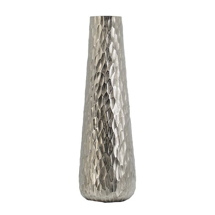 23 Inch Tall Oblong Vase, Diamond Textured, Tapered, Aluminum, Silver - Benzara