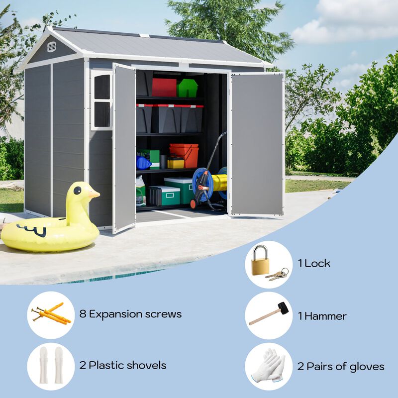 8 x 6 FT Plastic Utility Shed, Lockable Storage Shed for Garden Tools & Trash Bins, All-Weather Outdoor Organizer image number 7