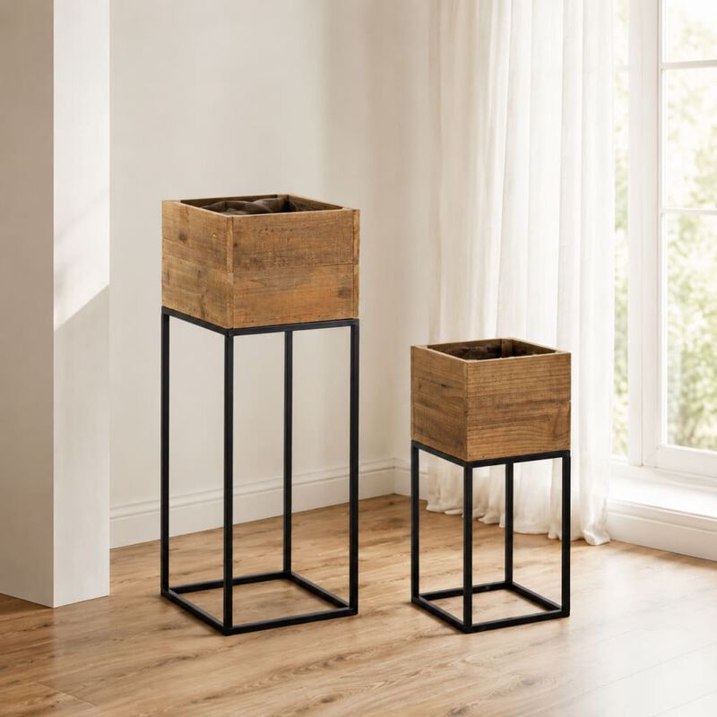 WOW PIONEER Set of 2 Reclaimed Wooden Planter Boxes with Iron Stands for Indoor Outdoor Greenery Display and Home Decor Accents image number 3