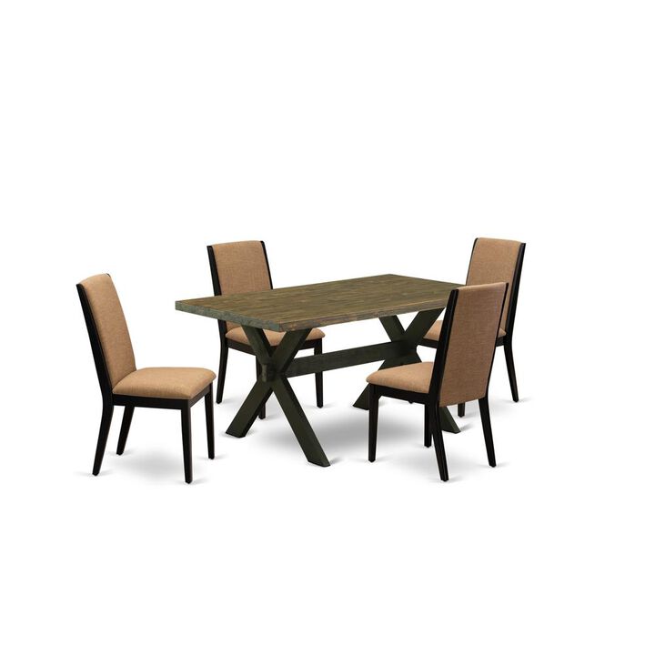 East West Furniture 5-Piece Beautiful kitchen table set a Great Distressed Jacobean Kitchen Rectangular Table Top and 4 Stunning Linen Fabric Dining Room Chairs with Stylish Chair Back, Wi