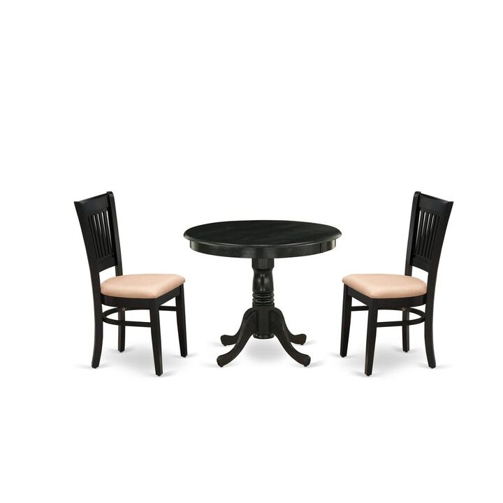 East West Furniture 3-Pc Kitchen Dining Set- 2 Wood Chair and Kitchen Dining Table - Linen Fabric Seat and Slatted Chair Back (Black Finish)