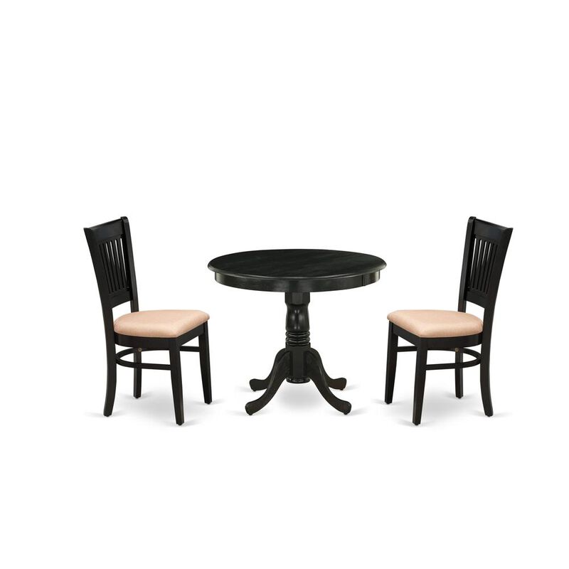 East West Furniture 3-Pc Kitchen Dining Set- 2 Wood Chair and Kitchen Dining Table - Linen Fabric Seat and Slatted Chair Back (Black Finish)