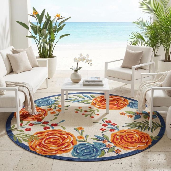 HomeRoots Round Floral Indoor Outdoor Area Rug