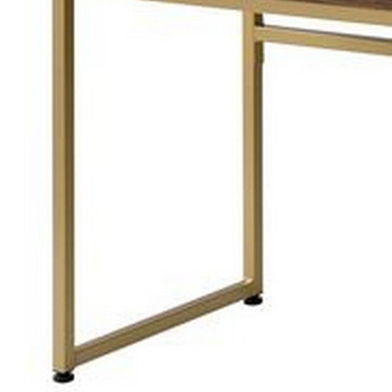 Vanity Desk with Mirror and Open Metal Frame, Brown and Gold-Benzara