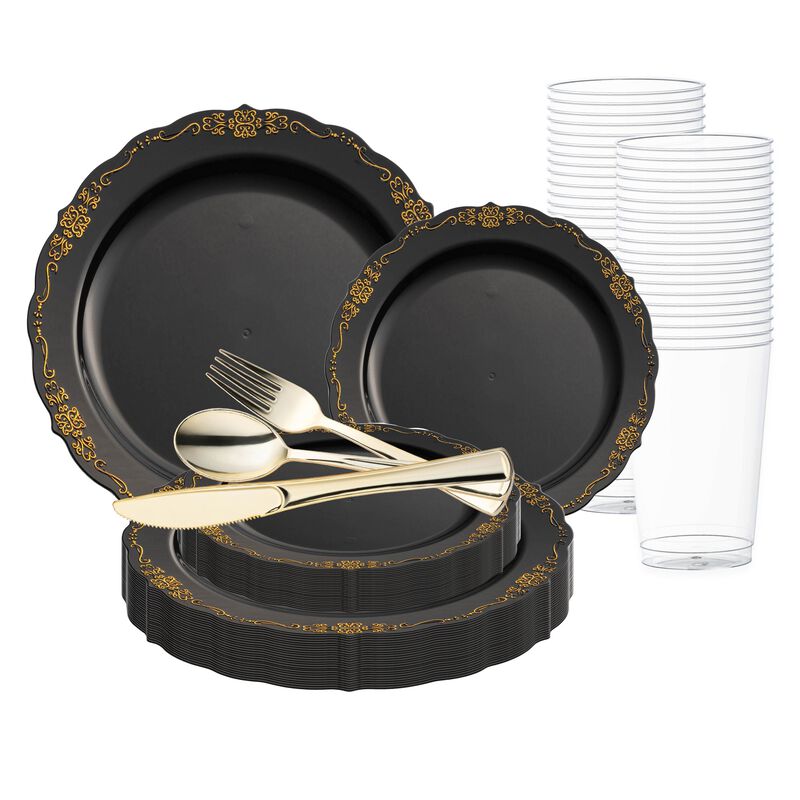 Black with Gold Vintage Rim Round Plastic Wedding Value Set (30 Sets) image number 0
