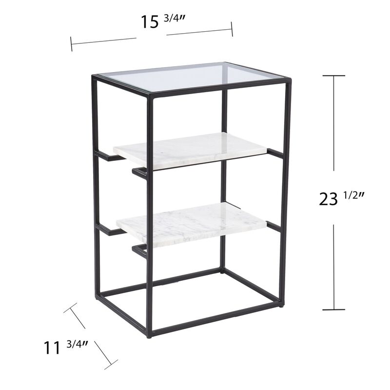 Homezia 24" Black Glass and Marble Rectangular End Table With Two Shelves