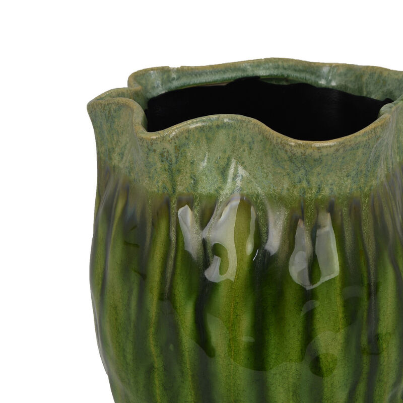 Ashly Decorative Planter with Scalloped Rim, Green Textured Ceramic 11 Inch image number 4