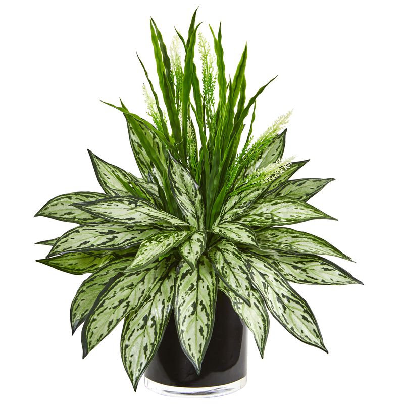 HomPlanti Silver Queen and Grass Artificial Plant in Black Vase