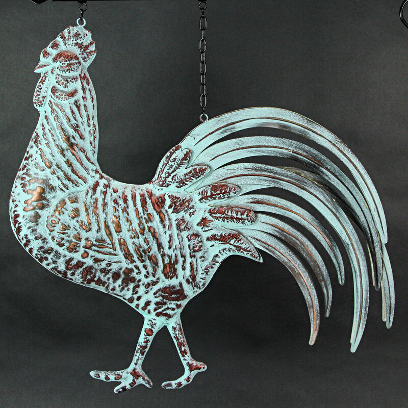 33.5 inch Verdigris Rooster Hanging Metal Wall Sculpture with Wall Bracket image number 4