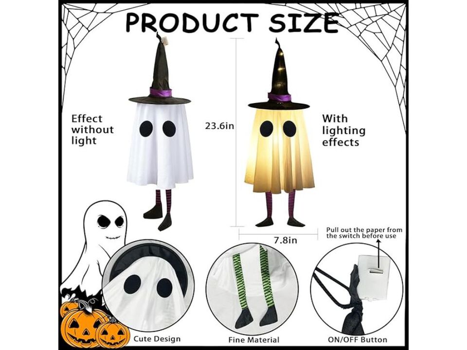 3-Pack Lighted Hanging Ghosts with Witch Hats – Halloween Outdoor Decor for Yard, Patio & Tree Display