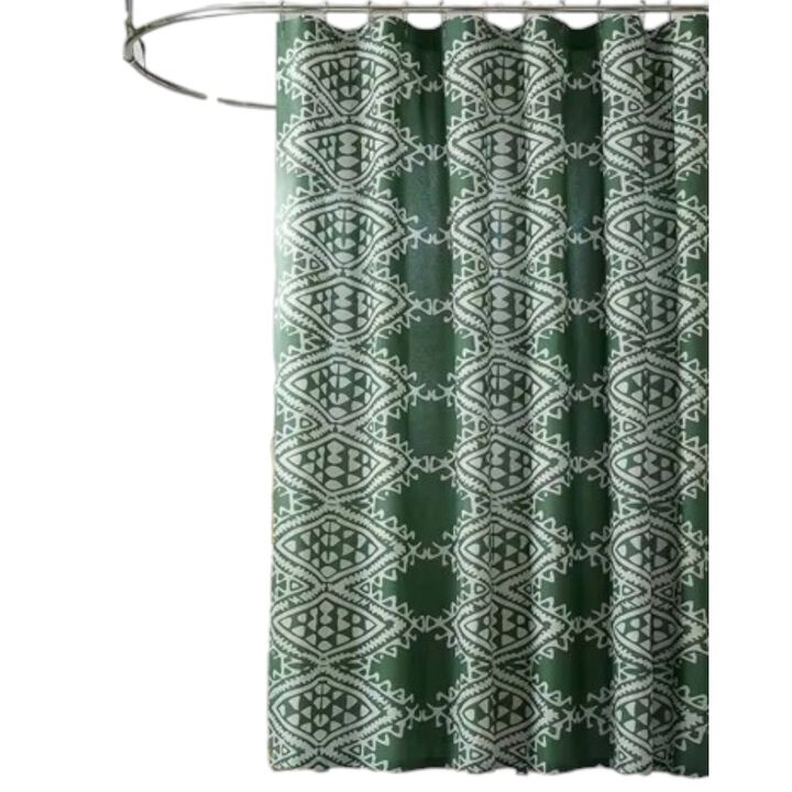 Hivvago 72 x 72 inch Cotton Poly Shower Curtain with Green White Geometric Motif Pattern