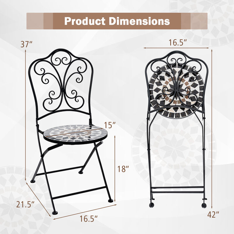Set of 2 Metal Folding Chairs with Mosaic Pattern for Patio or Garden