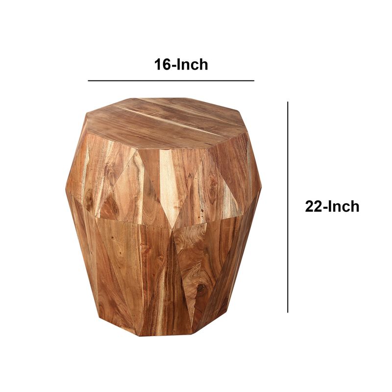 Bon 22 Inch Artisanal End Side Table, Multifaceted Solid Acacia Wood, Octagon Top, Natural Brown-Benzara