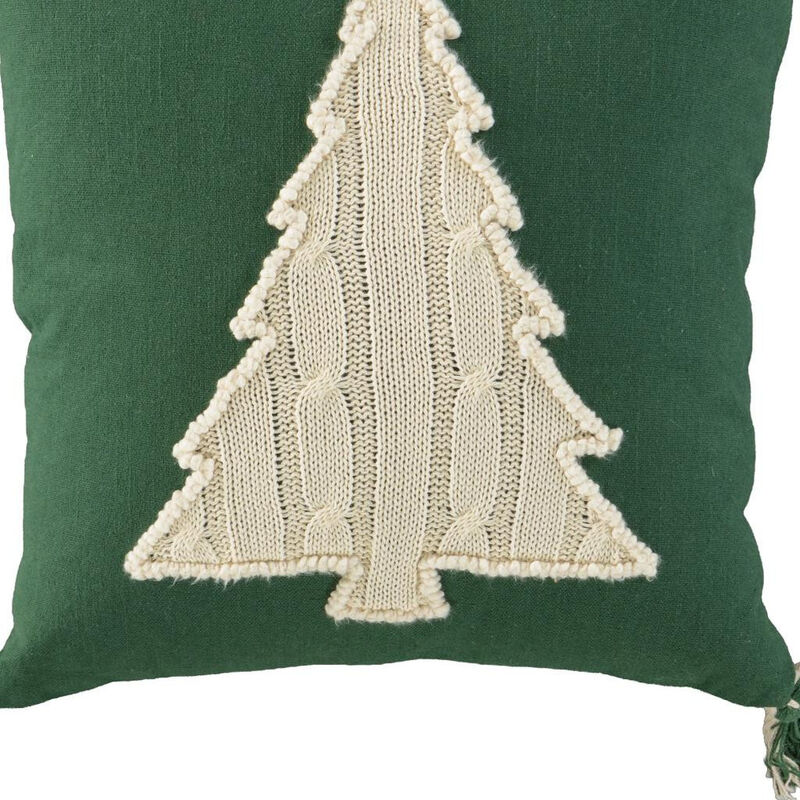HomeRoots 18" Green And Ivory Cotton Christmas Tree Throw Pillow with Tassels image number 3