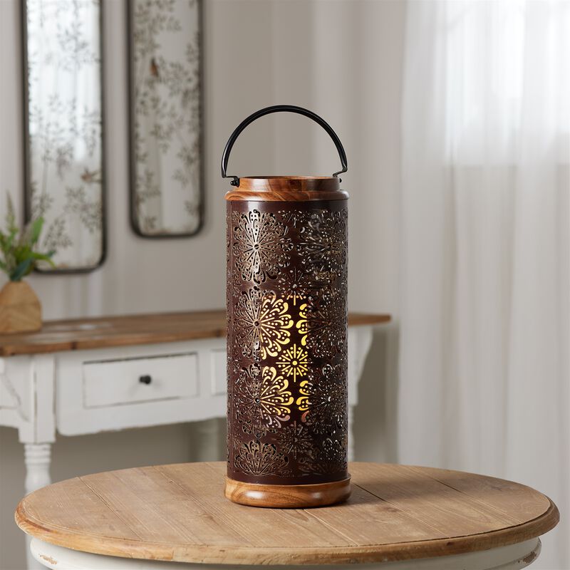 Punched Metal Lantern with Wood Accents for Rustic Entryway or Tabletop Decor