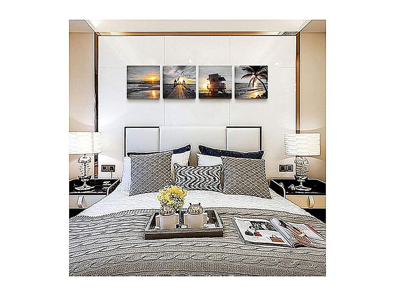 Bathroom Wall Art Black White Gold Beach Ocean Canvas Sunrise Sunset Seascape image number 3