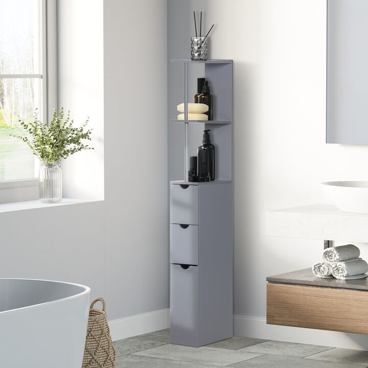 54" Tall Bathroom Storage Cabinet, Freestanding Linen Tower with 2-Tier Shelf and Drawers, Narrow Side Floor Organizer, Grey