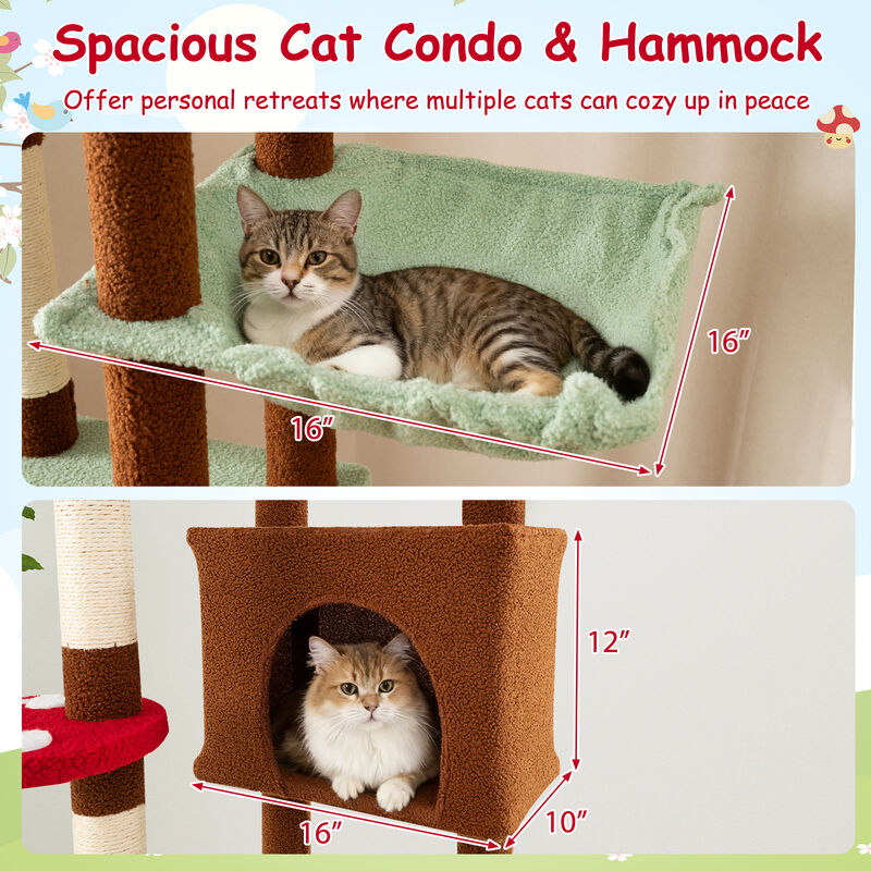 Mushroom Themed Floor to Ceiling Cat Tree with Adjustable Height, Condo, and Hammock-Brown image number 6