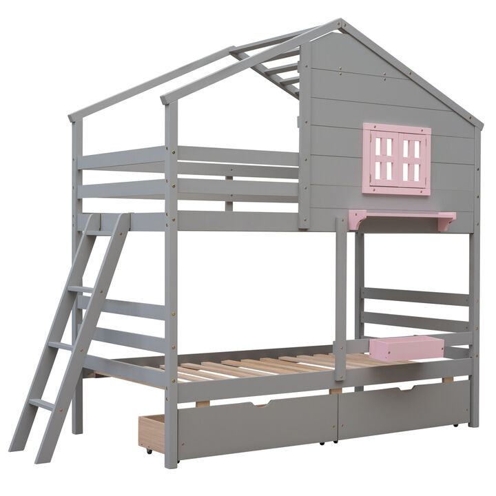 Twin over Twin Bunk Bed with 2 Drawers, 1 Storage Box, 1 Shelf, Window and Roof-Gray(OLD SKU:LT000608AAE)