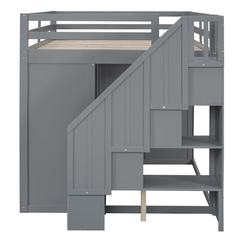 Merax Wood Loft Bed with Built-in Wardrobes