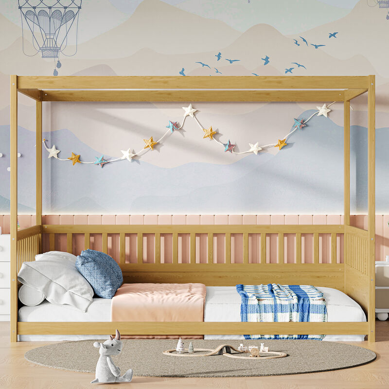 Merax Canopy Bed Frame with Guardrails for Kids,Floor Bed Twin with Four Poster Design,Kids Montessori Floor Bed image number 1