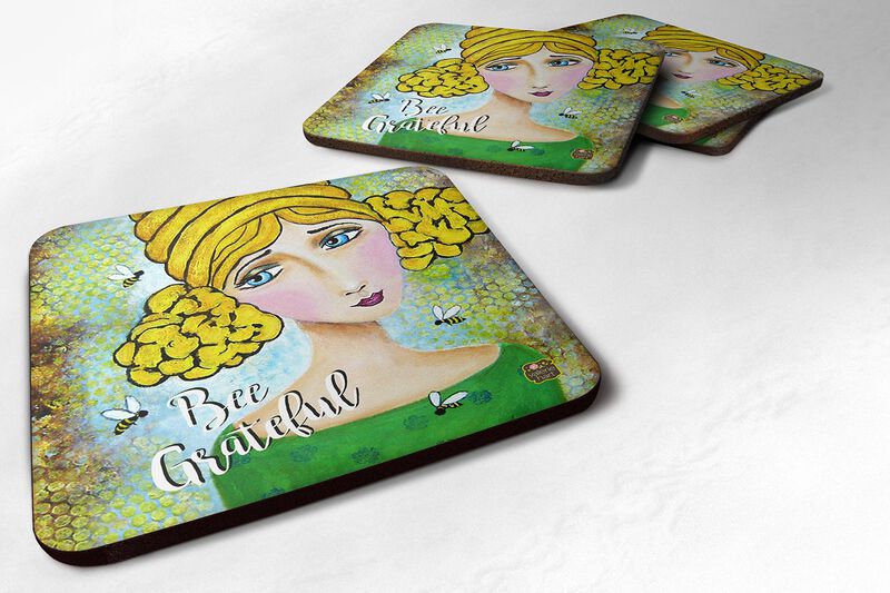 Caroline's Treasures VHA3008FC Bee Grateful Girl With Beehive Foam Coasters (Set of 4), 3.5, Multicolor image number 0
