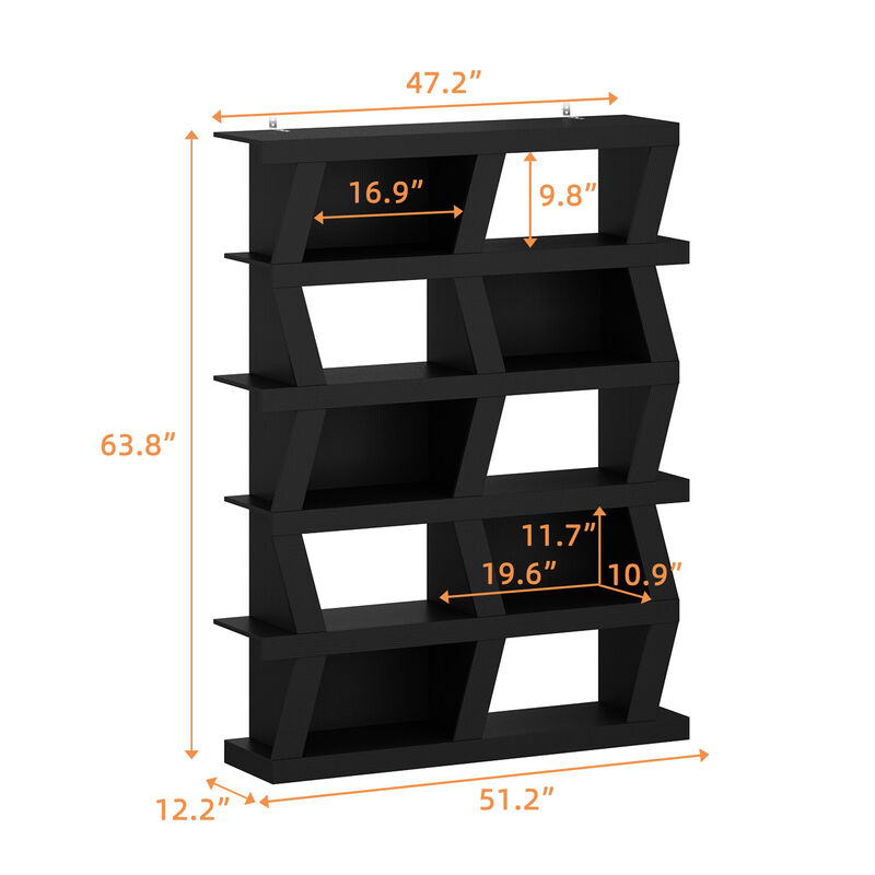 FUFU&GAGA Modern 5-Tier Zigzag Bookcase with Open Shelves (63.8&rdquo; H x 51.2&rdquo; W x 12.2&rdquo; D),Black