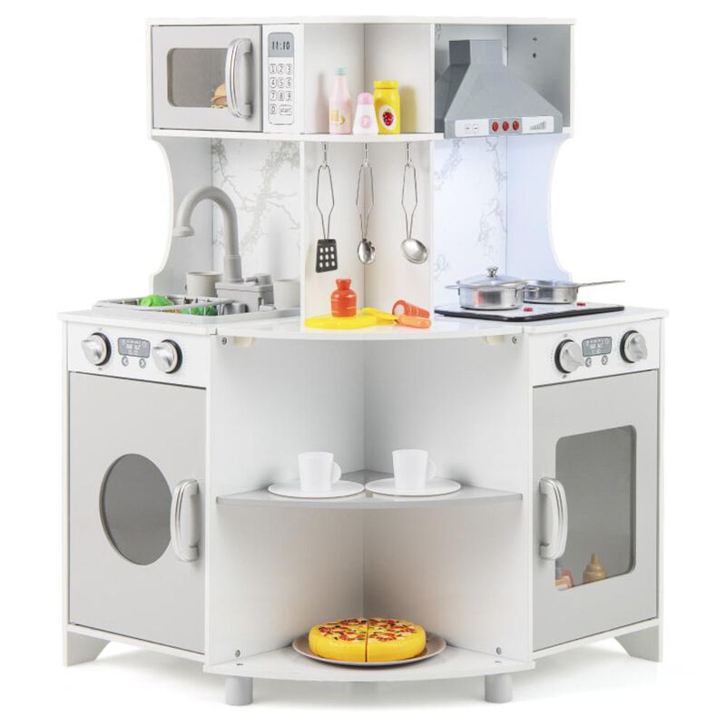 Hivvago Kids Corner Wooden Play Kitchen with Range Hood and Stoves