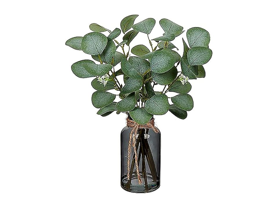 Artificial Eucalyptus Stems In Black Glass Vase Faux Water 14 Plants Leaves