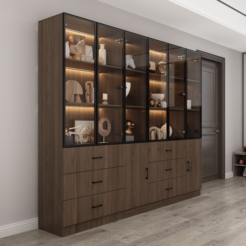 FUFU&GAGA Modern Wood Grain Cabinet with 6 Drawers, Black Aluminum Glass Doors & LED Strip Lights (94.4&rdquo;W x 15.7&rdquo;D x 78.7&rdquo;H), Walnut Finish