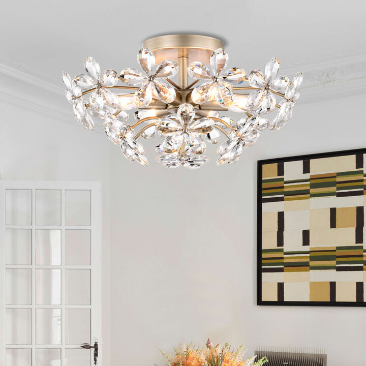 Amira Brushed Silver-ish Champagne 6-Light 17.7" Glass Flower Crystal Flush Mount