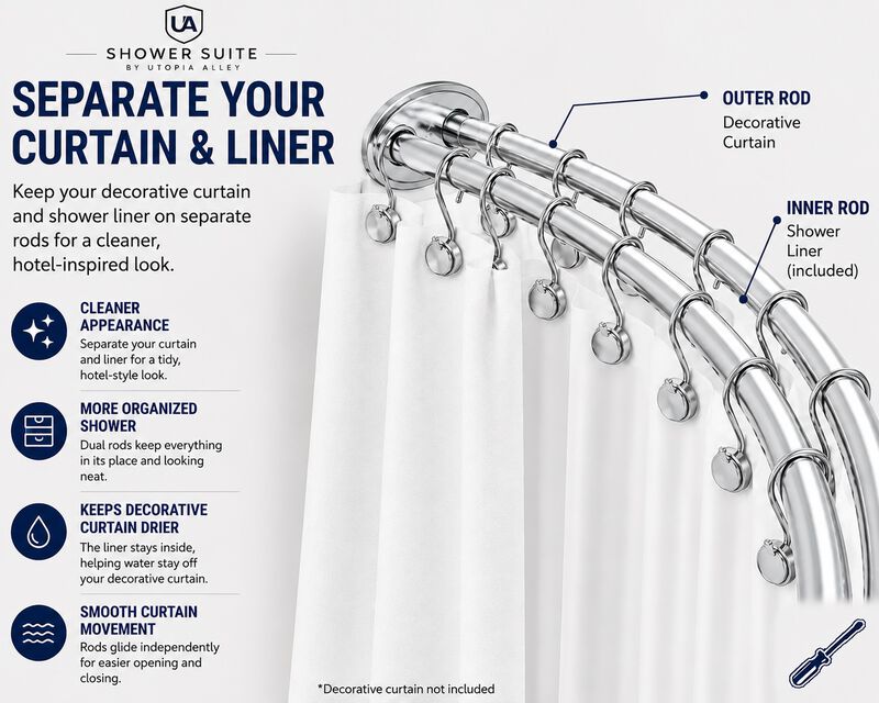 Shower Suite by Utopia Alley &ndash; Rustproof Aluminum Double Curved Shower Curtain Rod Combo Set with Liner & 24 Hooks, Adjustable 45&ndash;72 Inch Wall Mounted Dual Rod, Extra 30% Space image number 2