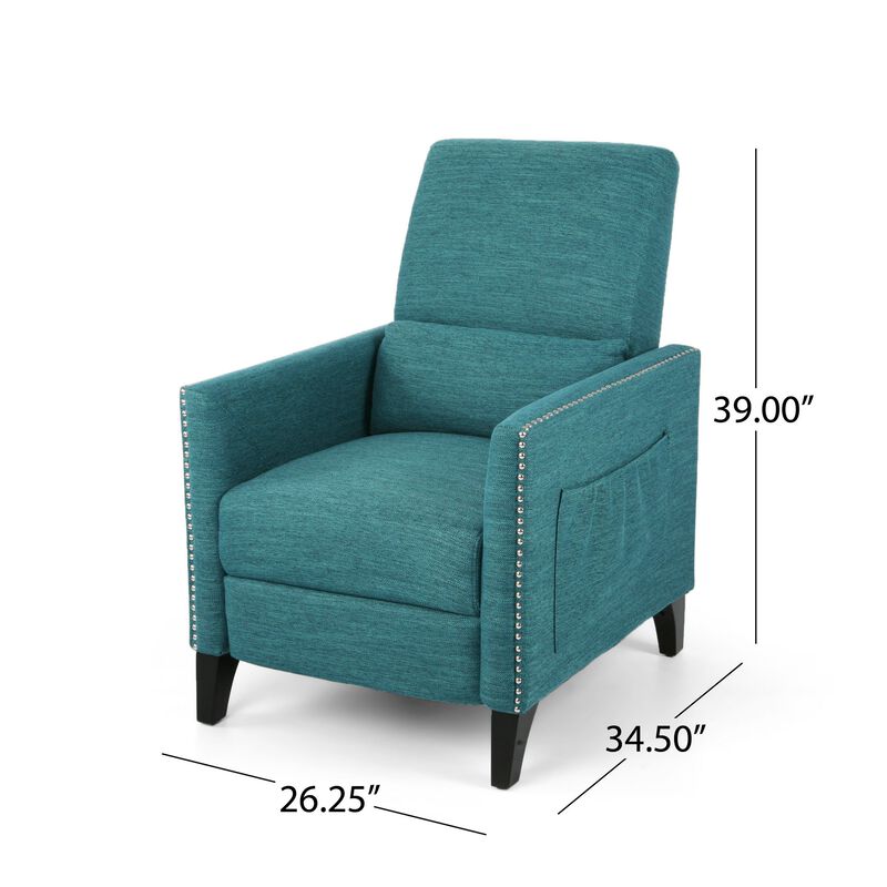 Davy Pushback Recliner Chair, Nailhead Trim, Birch Wood, Teal Fabric - Benzara