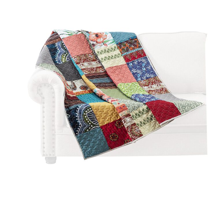 Lily 50 x 60 Inch Quilted Patchwork Throw Blanket, Multicolor Cotton Strips - Benzara