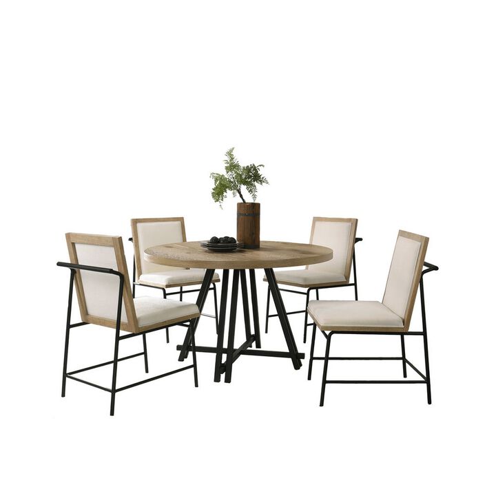 Tete Dining Table Set with 4 Chairs, Solid Wood Round Top, Black Metal Base - Benzara