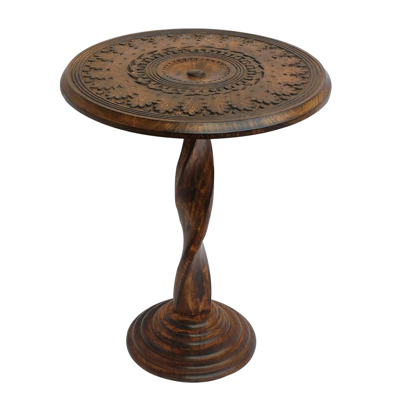 Jem 22 Inch Side End Table, Round Top, Hand Carved Boho Mandala Design with Twisted Base, Brown Mango Wood image number 0