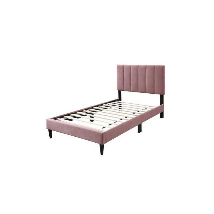 Poundex Adjustable Channel Tufted Pink Brushed Linen Twin Bed Frame