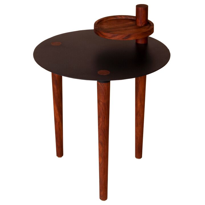 25.6 Inch Round Side Table with Rotatable Tray and Metal Top, Brown and Black-Benzara