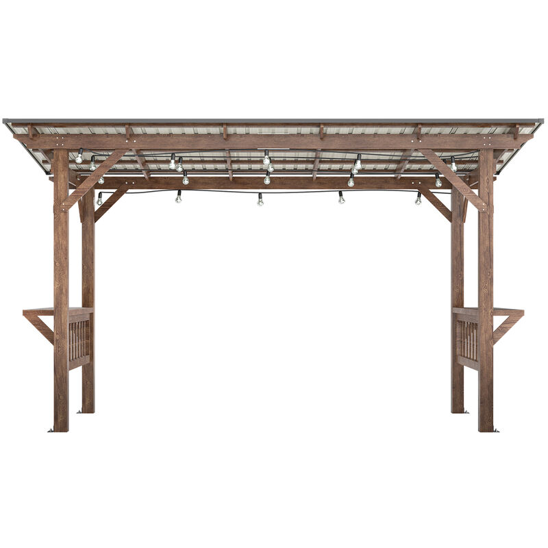 13' x 6.5' Wooden Pergola Grill Gazebo with Metal Roof & Bulbs & Bar Counters image number 0