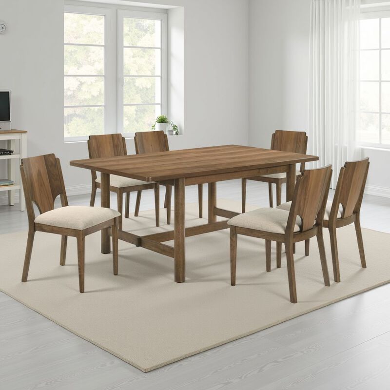 Billie 7pc Dining Table and 6 Chairs Set, Rich Walnut Brown and Beige - Benzara