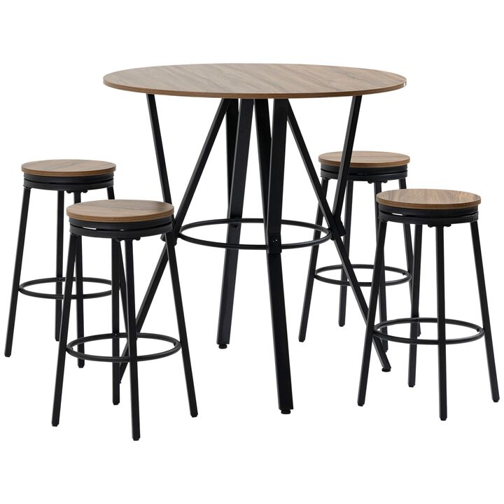 Industrial Bar Table and Chairs Set of 5, Round Dining Table & 4 Stools with Swivel Seat for Pub, Kitchen, Light Brown